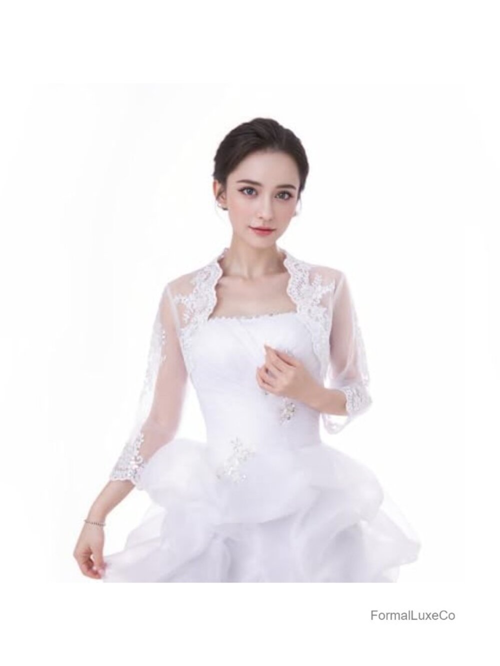 Bridal Lace Bolero Jacket 3/4 Sleeve Tulle Wedding Top for Bride